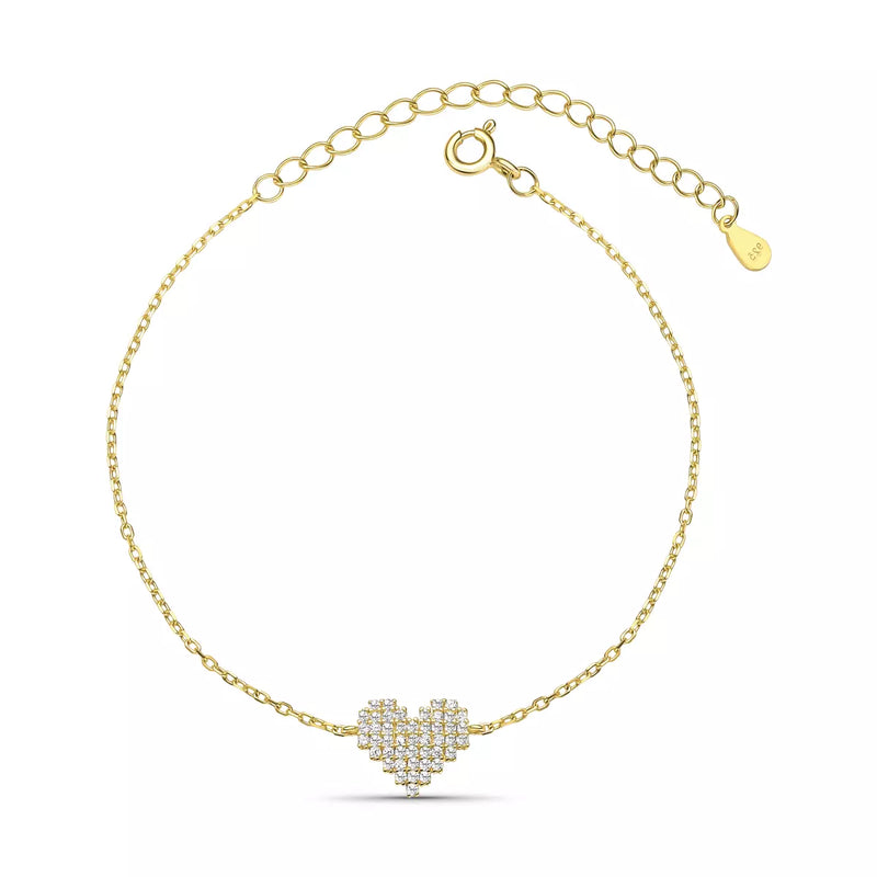 Pulseira Coração Cravejado em Prata 925 banhada a Ouro 18k