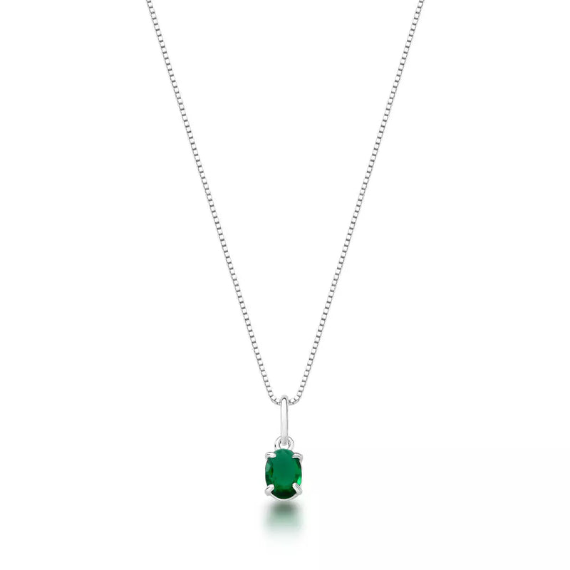 Colar Feminino Solitário Oval Verde de Prata